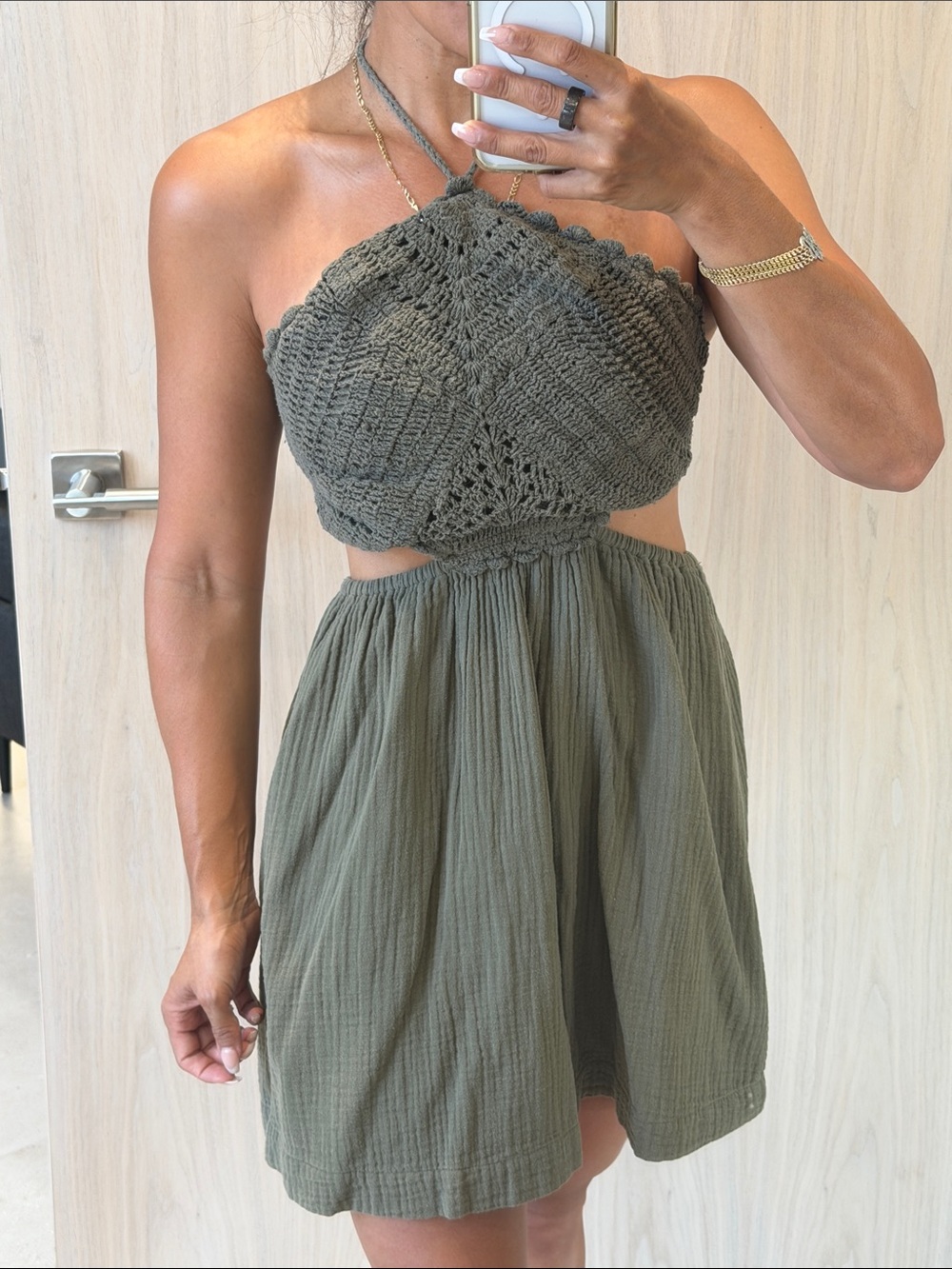 💕Aerie Olive Crochet Halter Mini Dress💕